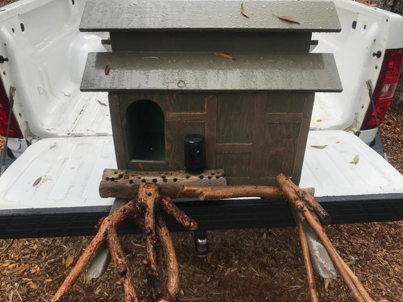 Large barn owl house in grey with perches